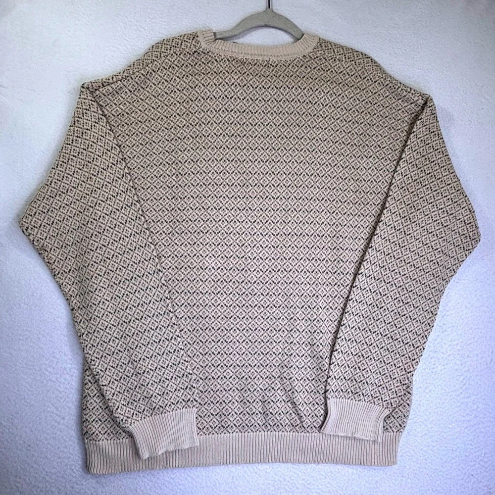 Claiborne Mens V-Neck Cotton Sweater Large Beige Tan Geometric Knit Pullover